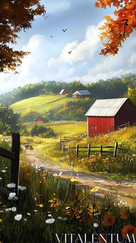 Autumn countryside farm road with red barn and wildflowers.