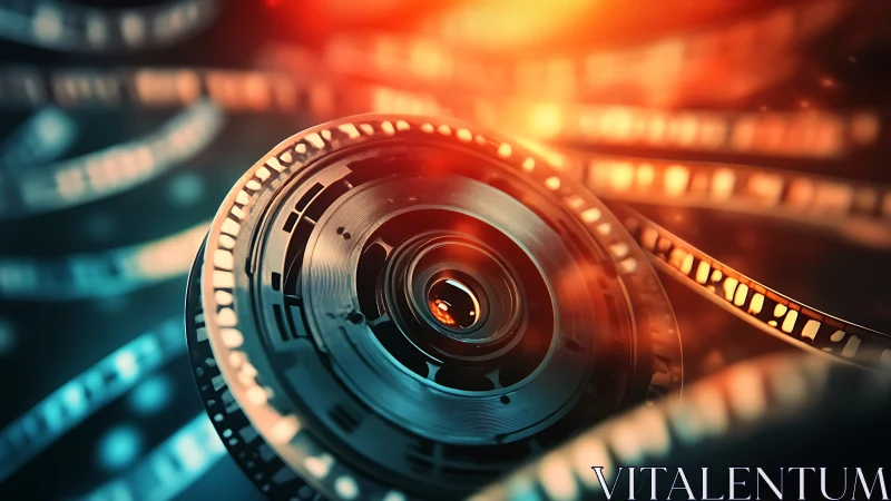 Cinema lens core with spiraling film reels and firelight glow.