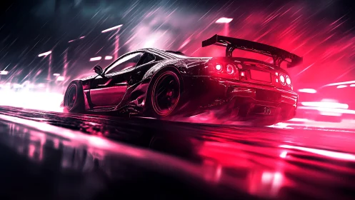 Sleek sports car drifts through neon soaked night rain