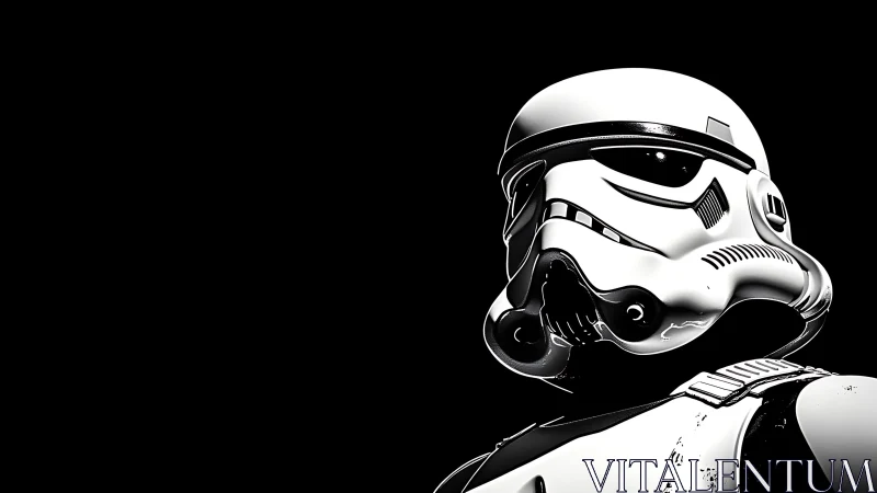 Bold sci fi armored figure stands in sharp monochrome light