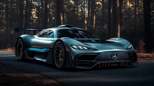 Forest road hypercar pause in soft evening sunlight.