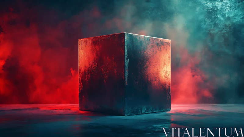 Glowing misty cube in a dreamy red and teal haze.
