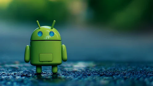 Glossy green android figurine stands on wet asphalt with shallow DOF