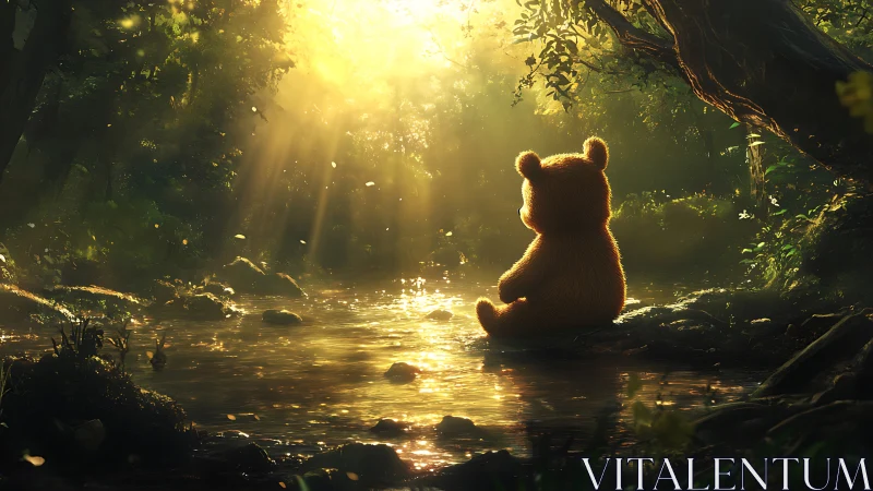 Bear plush watches golden sunrise over tranquil forest creek