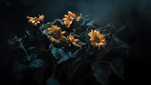 Wilted Sunflowers Against Dark Background.