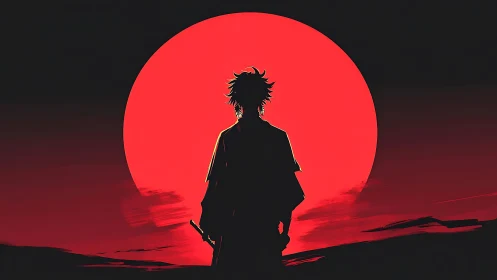 Lone samurai silhouette stands before massive red sun