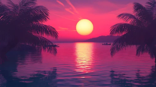 Neon sun sinks over tranquil tropical bay at dreamy dusk