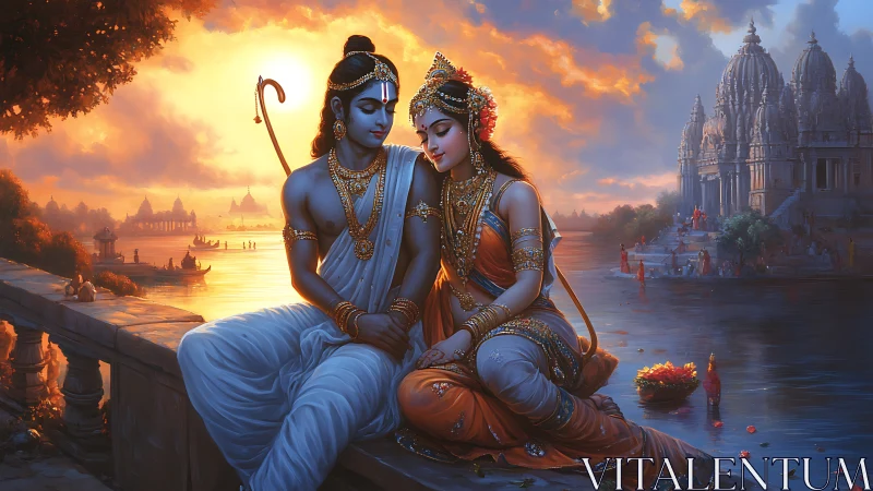 Divine lovers rest by a sacred river at glowing sunset