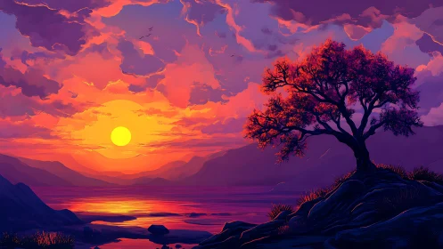 Radiant sunset sky welcomes a quiet tree by glowing water