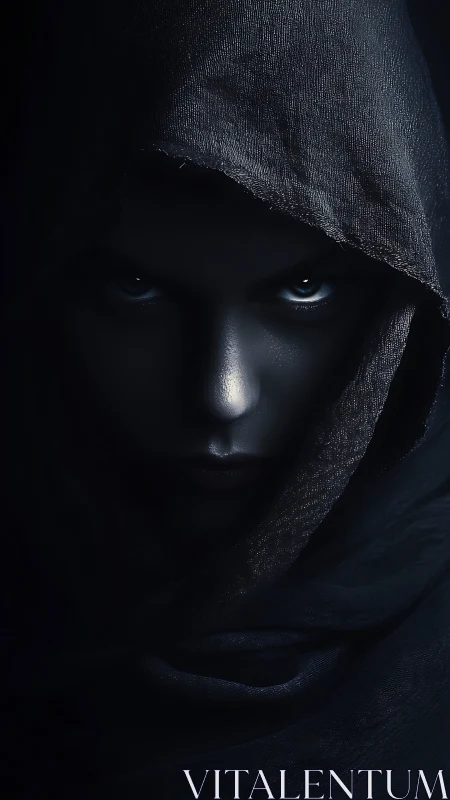 Shrouded gaze in deep shadowed hood, cinematic portrait.