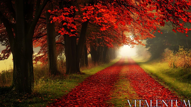 Tree-lined rural path extends into diffuse autumnal fog