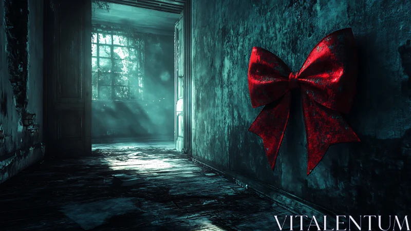 Digital painting of decayed corridor with ominous red bow wallpiece.