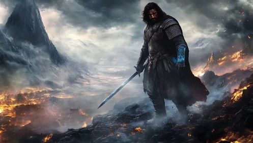 Battle-scarred warrior amid burning volcanic wasteland.