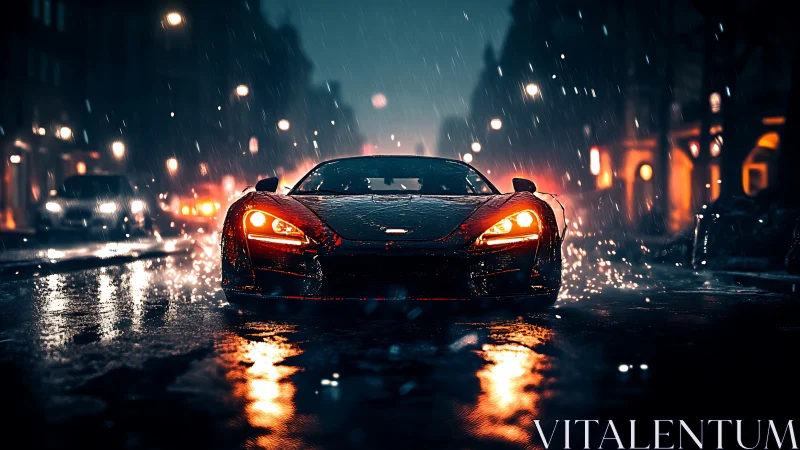 Supercar drives through wet night city street in heavy rain