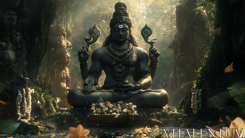 Serene Shiva statue meditates in a misty jungle sanctuary