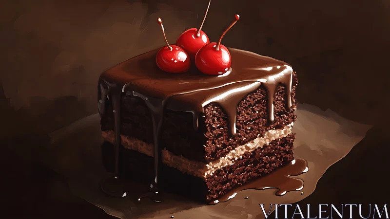 Digitally Rendered Chocolate Layer Cake with Glossy Ganache Drip and Maraschino Garnish