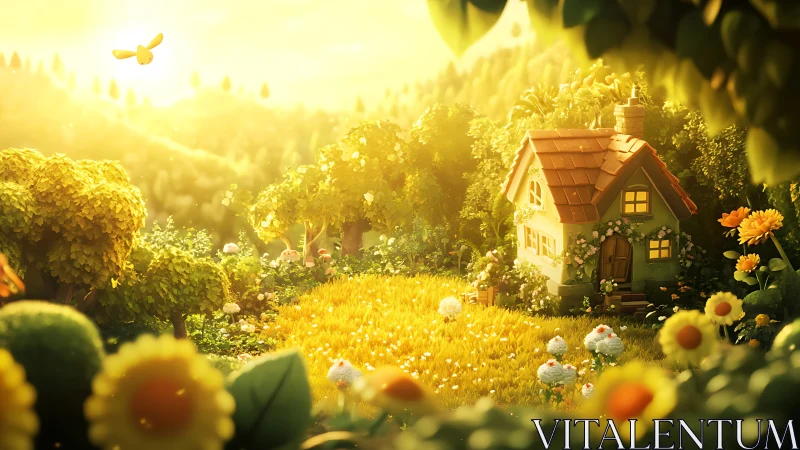 Sunlit cottage nestles in a golden meadow of gentle dreams