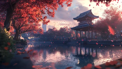 Autumn pavilion reflects in tranquil canal under falling petals.