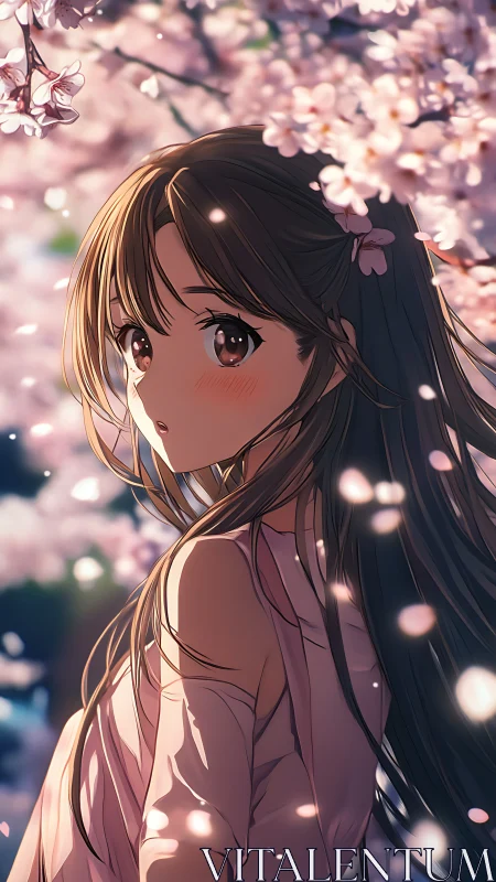 Anime girl stands under dense cherry blossoms in soft focus