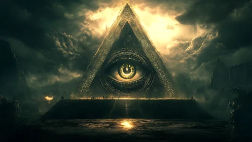 Majestic glowing pyramid eye gazes over a stormy realm