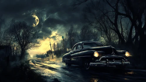 Midnight storm road crowns a lone vintage car in light