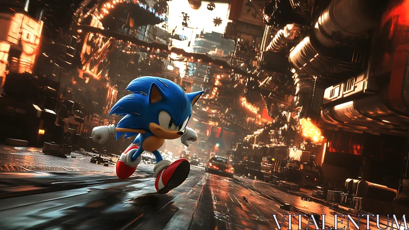 Blue speedster rockets through a molten steel cyber street