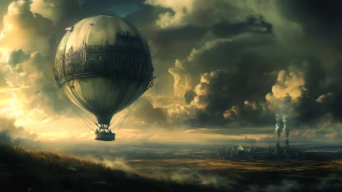 Spherical skyship drifts from smogbound city into stormlight.