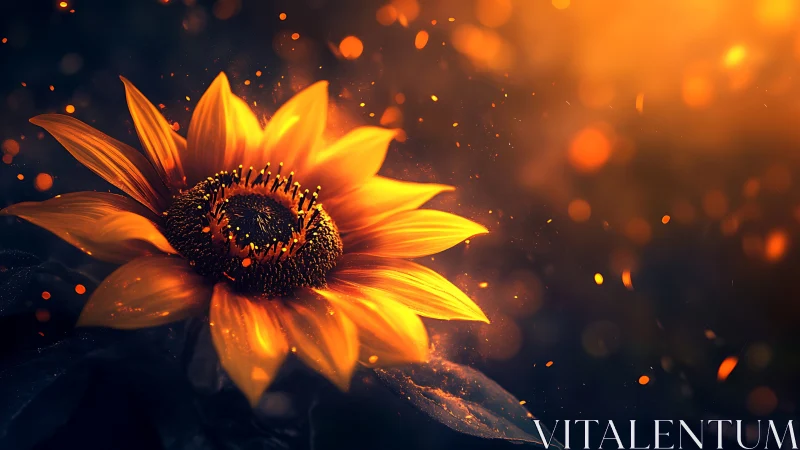 Glowing sunflower blooms against dark bokeh dusk light
