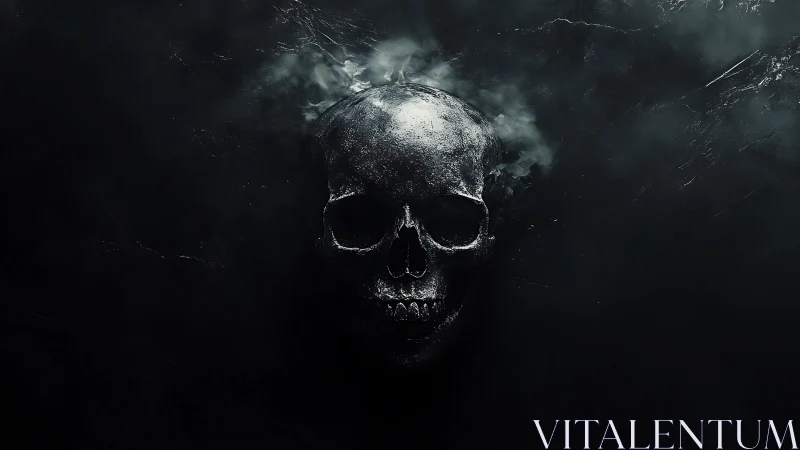 Smoldering metallic skull emerging from dark void background.