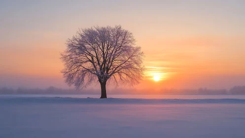 Solitary frost-laden tree anchors a minimal winter sunrise