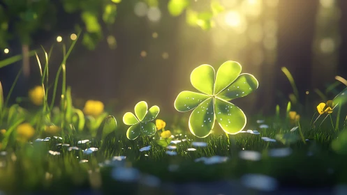 Rendered clover leaves stand in shallow depth forest light
