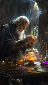 Elder alchemist refines glowing elixir in medieval workshop