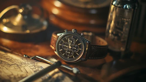 Photorealistic vintage chronograph on desk with warm bokeh lighting.