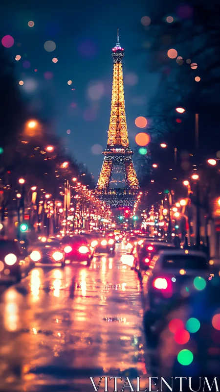 Eiffel Tower at night above wet Paris street traffic.