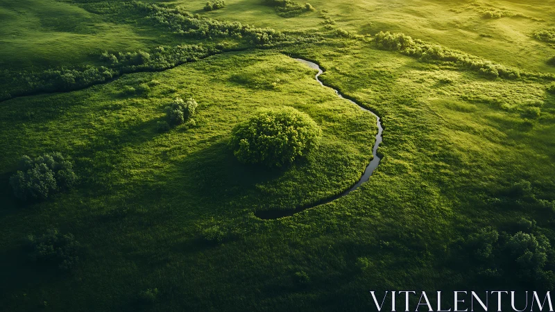 Emerald meadow river curls around a lone sunlit grove.