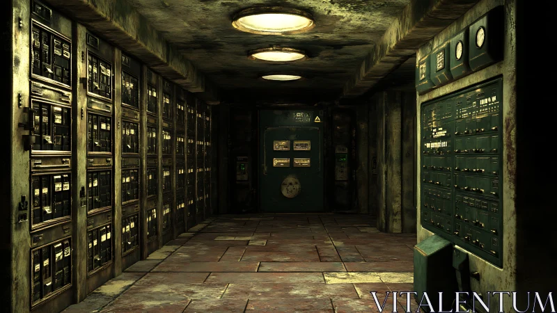 Narrow industrial control room shows aging electrical panels