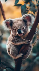 Gentle koala perched on a sunlit branch, quietly curious.