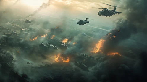 Military helicopters pass over burning urban battlefield