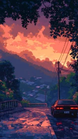 Pixel art mountain road with parked coupe at sunset glow
