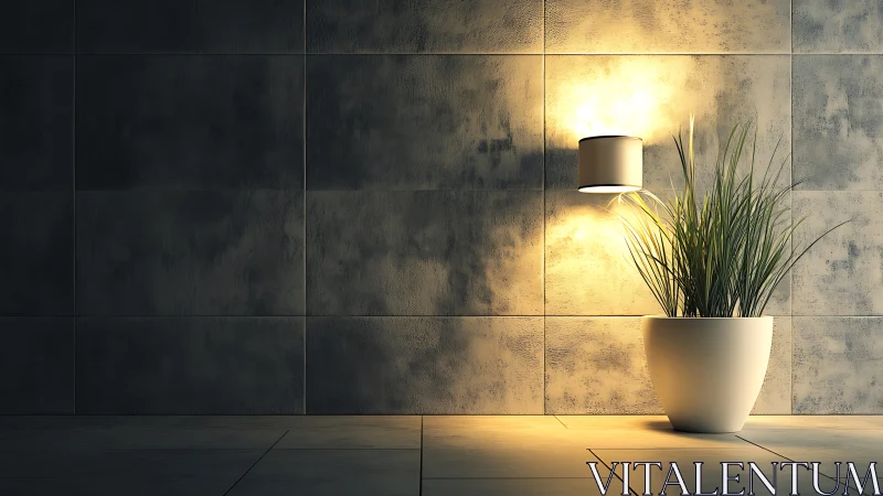 Minimalist wall lamp casts warm light on modern potted plant