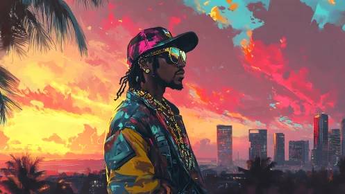 Urban sunset portrait with neon city skyline glow.