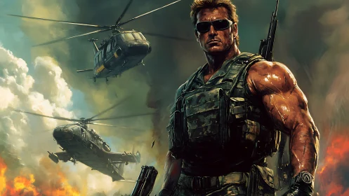 Battle-hardened commando stands amid blazing warzone skies.