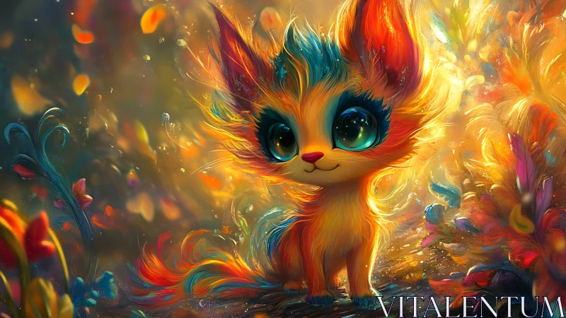 Bright neon fantasy kitten in glowing magical forest.