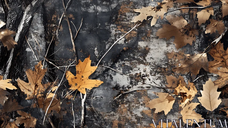 Autumn maple leaves over distressed concrete texture.