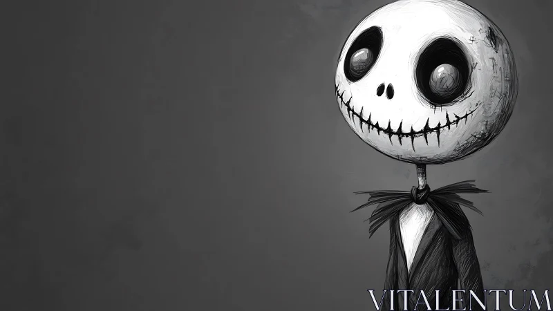 Gentle skeleton dandy smiles into a velvety gray void.