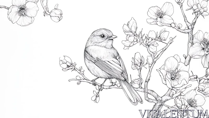 Bird Perched on Blossoming Branch Illustration.