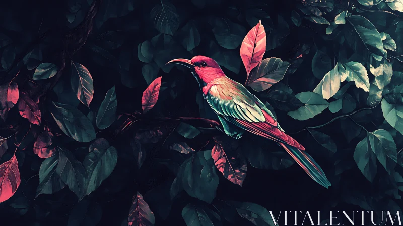 Tropical bird on branch amid dark neon foliage.