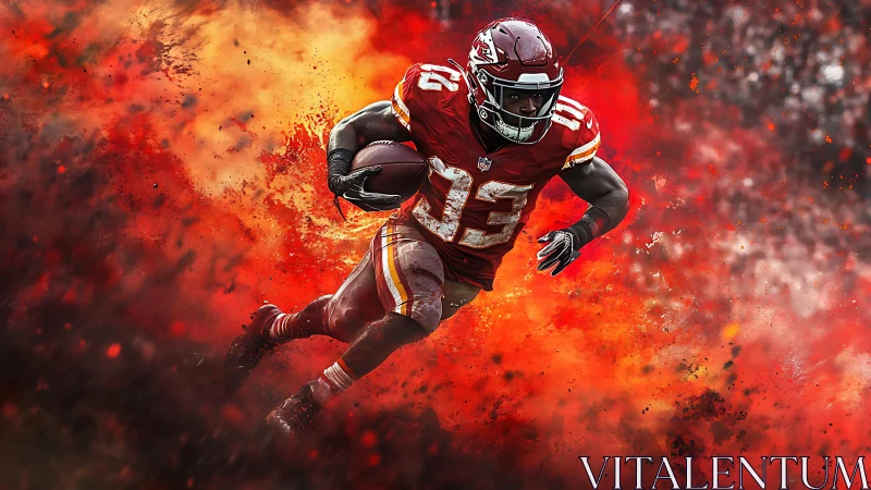 Football player in red uniform sprints through fiery backdrop.