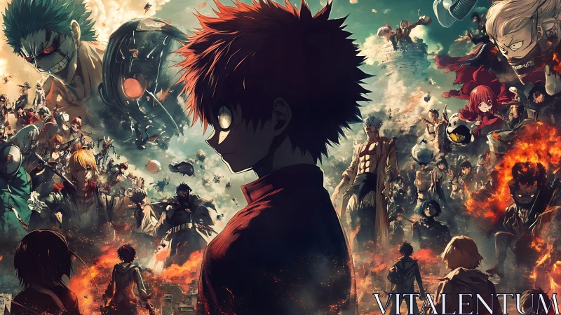 Dense anime battle panorama with central brooding silhouette