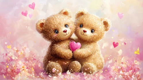 Two Teddy Bears Embracing a Pink Heart in Floral Dreamscape.